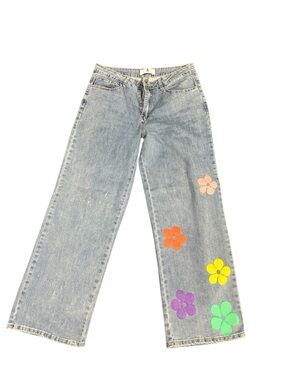 Flying Angel Floral Jeans Y2K Wide Leg Denim Size 9/29 Retro Flower Print